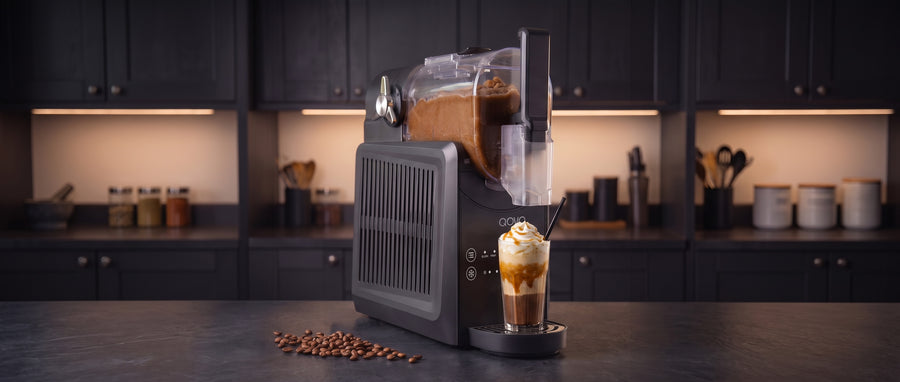 Five Q-Slush frappé recipes lined up: classic café, pumpkin spice, velvet vanilla, mocha and matcha